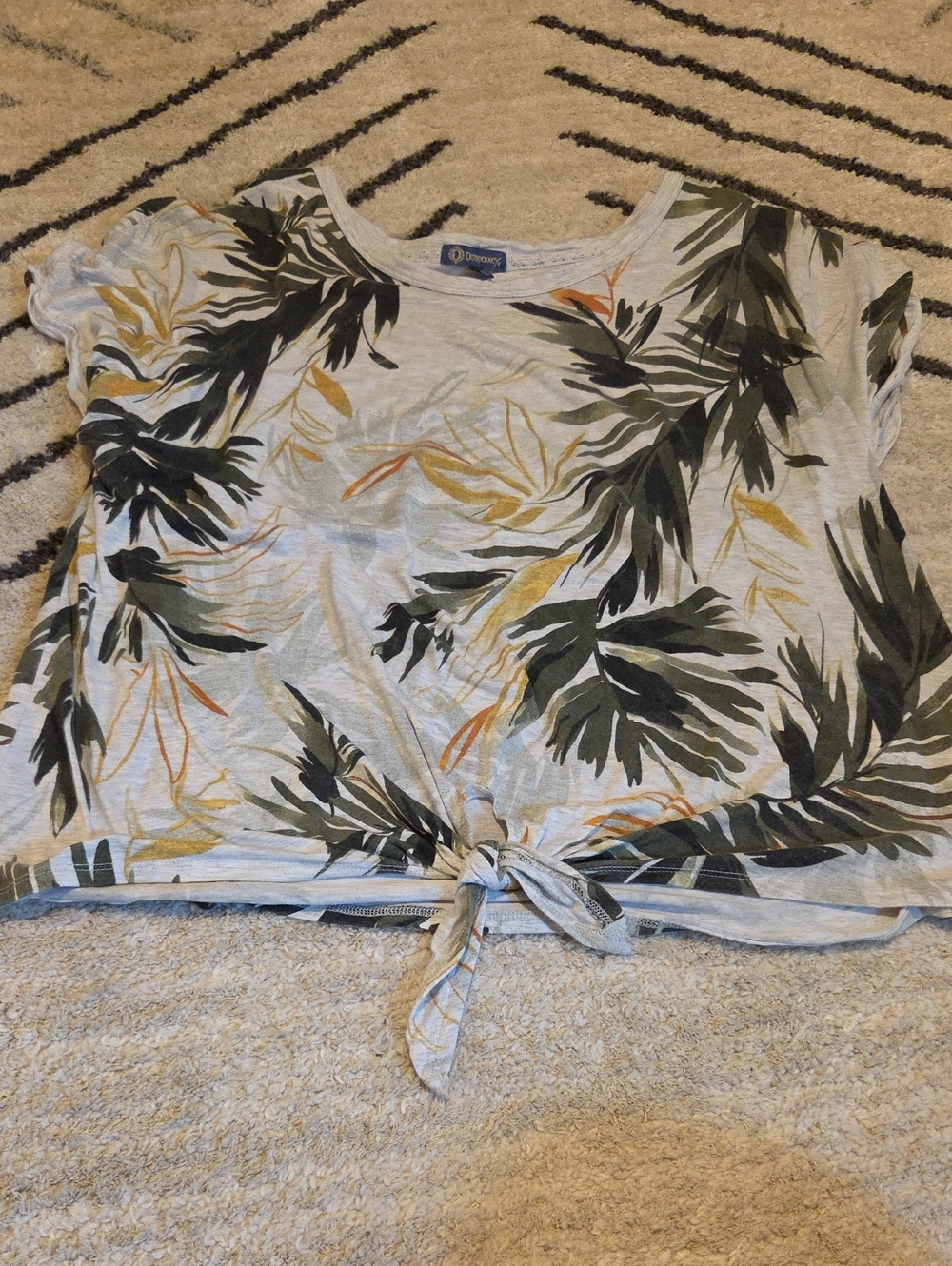 Democracy Light Gray Crop Top with Green & Mustard Tropical Print